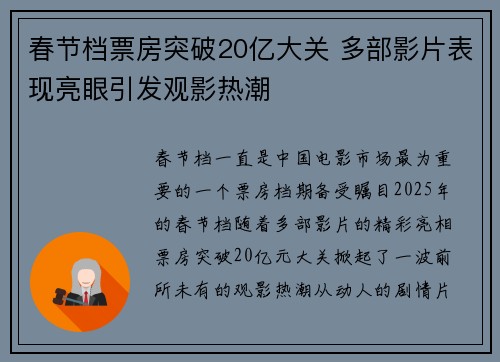 春节档票房突破20亿大关 多部影片表现亮眼引发观影热潮